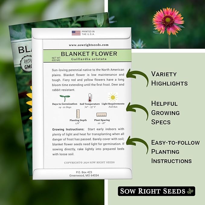 Sow Right Seeds - Blanket Flower Seeds for Planting - Non-GMO Heirloom Seeds Packet with Instructions to Plant Your Garden - Perennial Indian Gaillardia - Grow Native Gardens, Add a Color Bonanza (1)