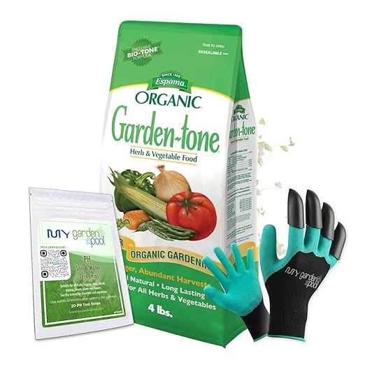 Espoma GT4 Organic Garden-Tone 3-4-4; 4 lb. - The Perfect Organic Solution with My Garden Pool PH Soil Test Strips 20 ct, and Gardening Claw Gloves and Garden-IQ, Smart Gardening AI Assistant!.