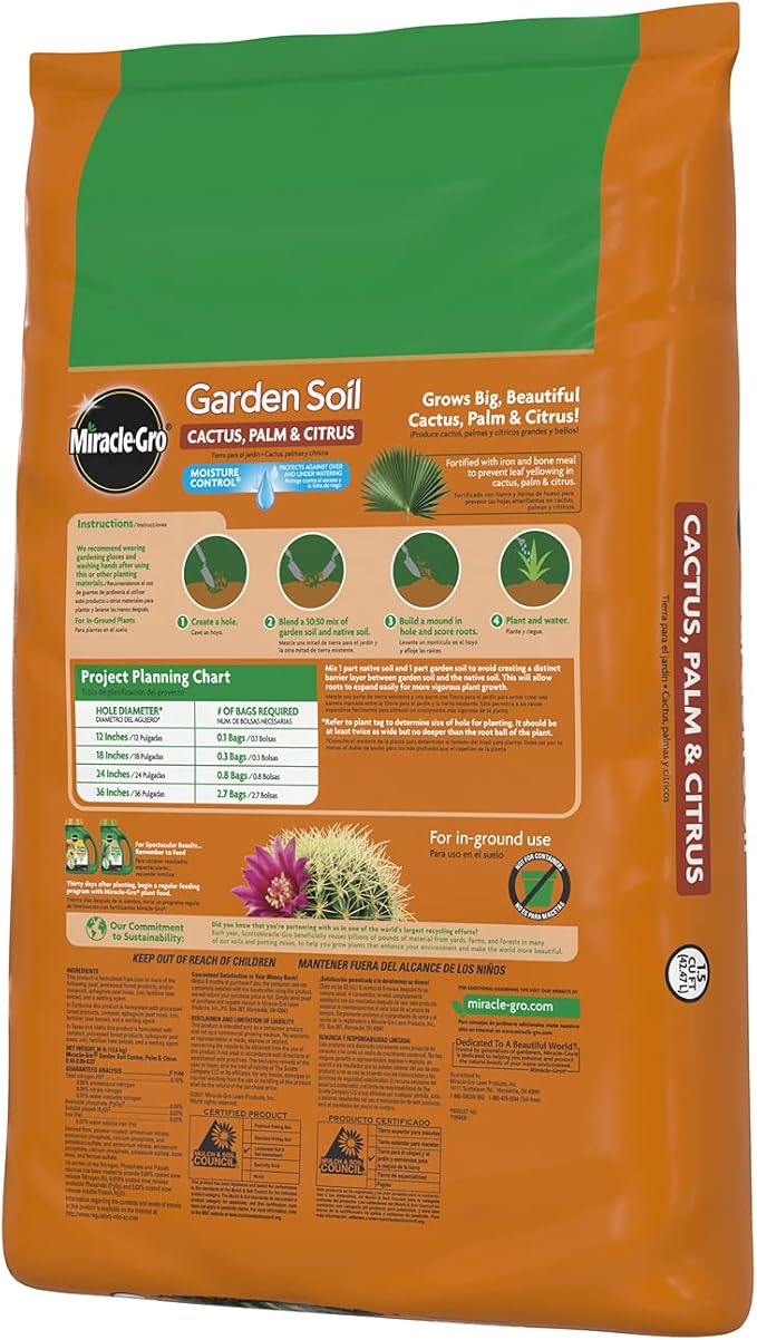 Miracle-Gro Garden Soil Cactus, Palm and Citrus, For In-Ground Use, Moisture Control, Feeds up to 3 Months, 1.5 cu. ft.