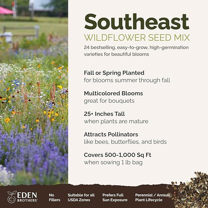 Eden Brothers Southeast Wildflower Mixed Seeds for Planting, 1 lb, 480,000+ Seeds with Cornflower, Blanket Flower | Attracts Pollinators, Plant in Spring or Fall, Zones 3, 4, 5, 6, 7, 8, 9, 10