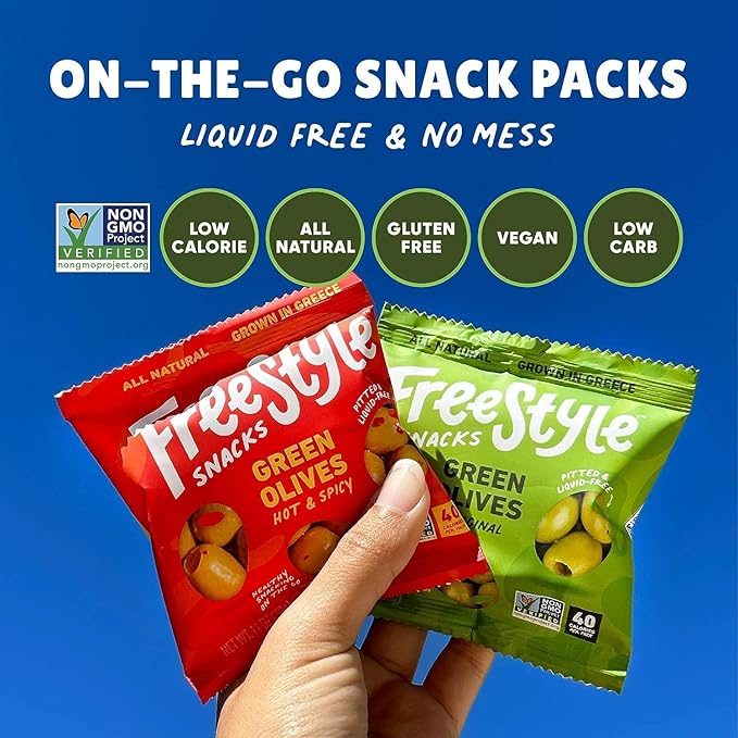 Freestyle Snacks Olive Snack Packs - As Seen on Shark Tank - Single Serve - Fresh Pitted Green Olives, Grown in Greece, All Natural, Non-GMO, Sugar-Free, Salty Snack - Lemon Garlic, 1.1oz (6 Pack)