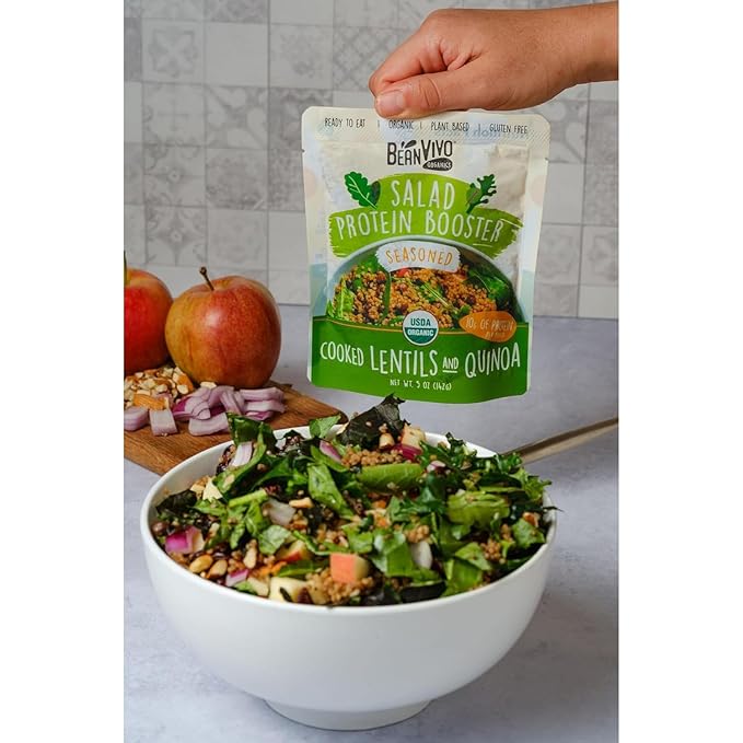 BeanVIVO 6-Pack Salad Protein Booster - Organic Lentils & Quinoa, fully cooked and seasoned, delivering a burst of taste and 10g of protein-packed goodness in every pouch 5oz