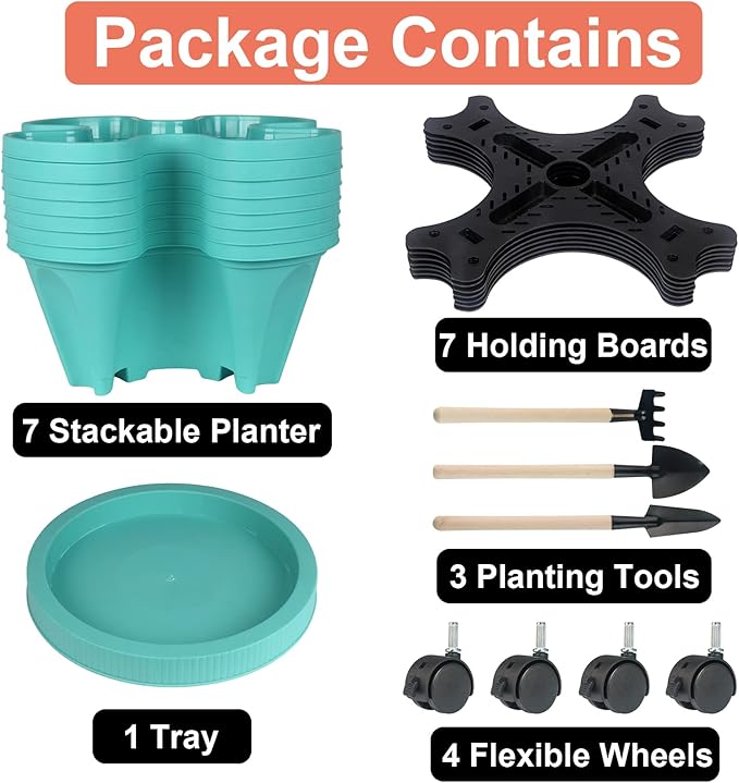 GameXcel Vertical Planter 7 Tier Stackable Planters Garden Planters Strawberry Herb Flower and Vegetable Planter Indoor Outdoor Gardening Pots with Removable Wheels and Tools