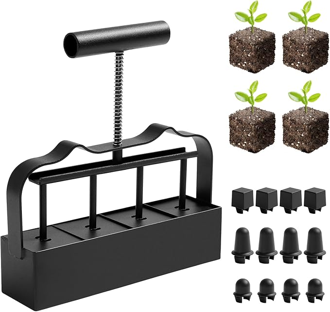 KHAMAL Soil Blocker for Seed Starting 4 Cell - 2 inch Soil Block Maker with Ergonomic Handle & 3 Types of Seed Pins for Garden, Outdoor Plants