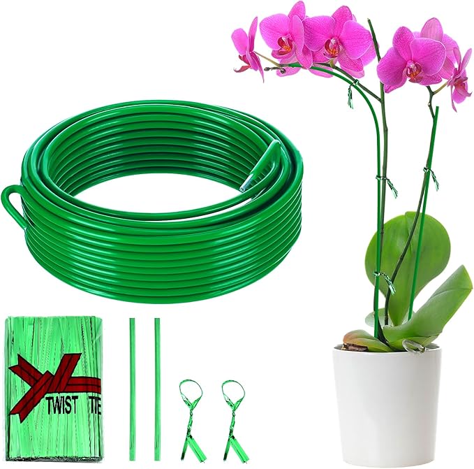 32ft Bendable & Cuttable Plant Stakes, Green Orchid Flower Stem Support Sticks with 800 Ties for Monsteras Money Trees Indoor Potted Plants Beans