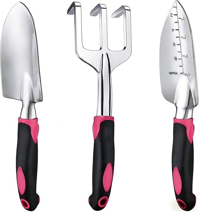 Garden Tools Set, 3-Piece Heavy Duty Gardening Hand Tools, Rust-Proof Cast Aluminum Construction with Soft Non-Slip Rubber Grips, Ideal for Digging, Planting, Weeding & Transplanting (Purple)