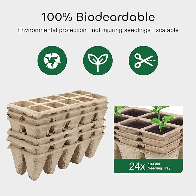 GROWNEER 240 Cells Peat Pots Seed Starter Trays, 24 Packs Biodegradable Seedling Pots Germination Trays, Organic Plant Starter Kit with 15 Pcs Plant Labels