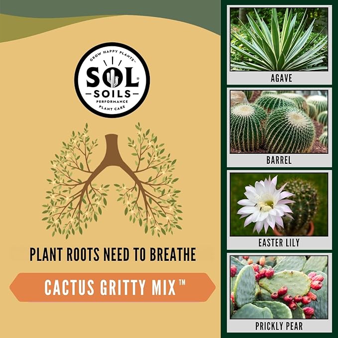 Sol Soils Gritty Cactus Soil Potting Mix - Fast Draining and Peat Moss Free with Coconut Husk Chips, Granite, Calcined Clay & Pumice for Indoor and Outdoor Plants - 2 Quarts