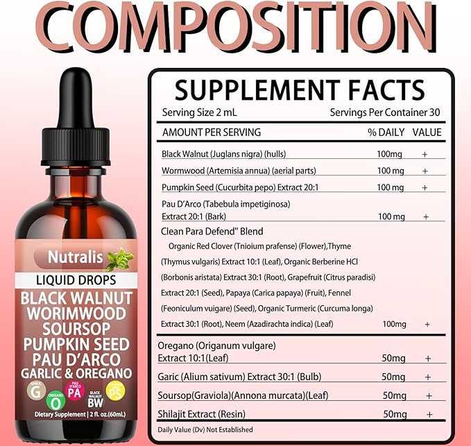 Nutralis Black Walnut Wormwood Gut Cleanse –Wormwood Black Walnut Clove Liquid Drops with Soursop, Pumpkin Seed, PAU D'arco, Garlic Oregano, Boosts Energy, Supports Gut Health & Nutrient Absorption