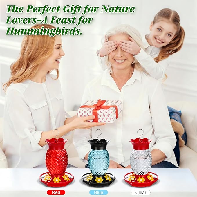 Fchstaer Glass Hummingbird Feeders for Outdoors Hanging Ant and Bee Proof 16OZ 2 Pack Clear Pineapple Humming Bird Feeder with 6 Feeding Ports and Ant Moat Hummingbird Gifts for Women Garden Decor