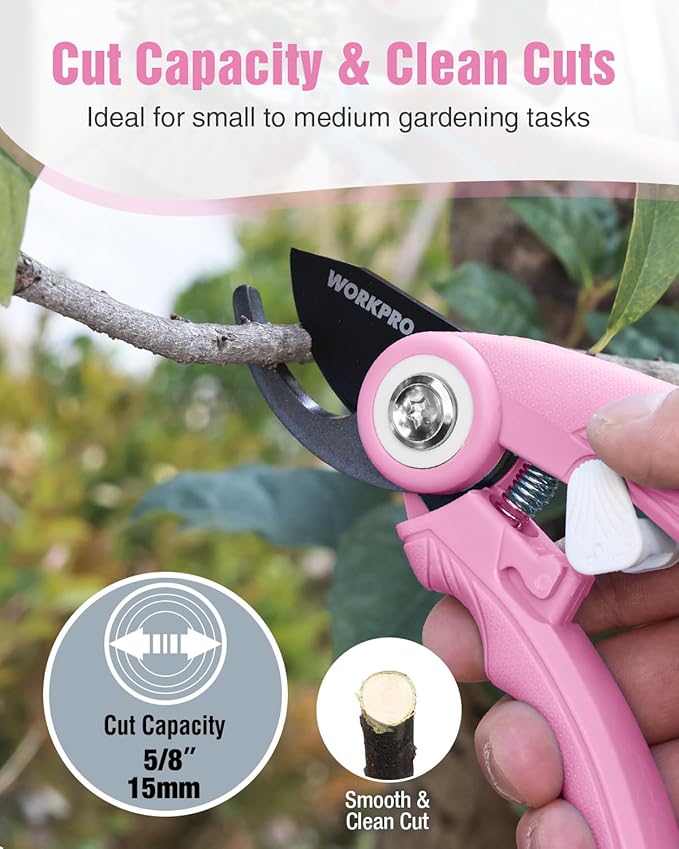 WORKPRO 6.9" Bypass Pruning Shears, Gardening Scissors with Sharp SK5 Steel Blade, Handheld Garden Floral Clippers for Rose, Plants, Flowers, Fruits Trees, Gardening Gifts for Women & Men, Pink