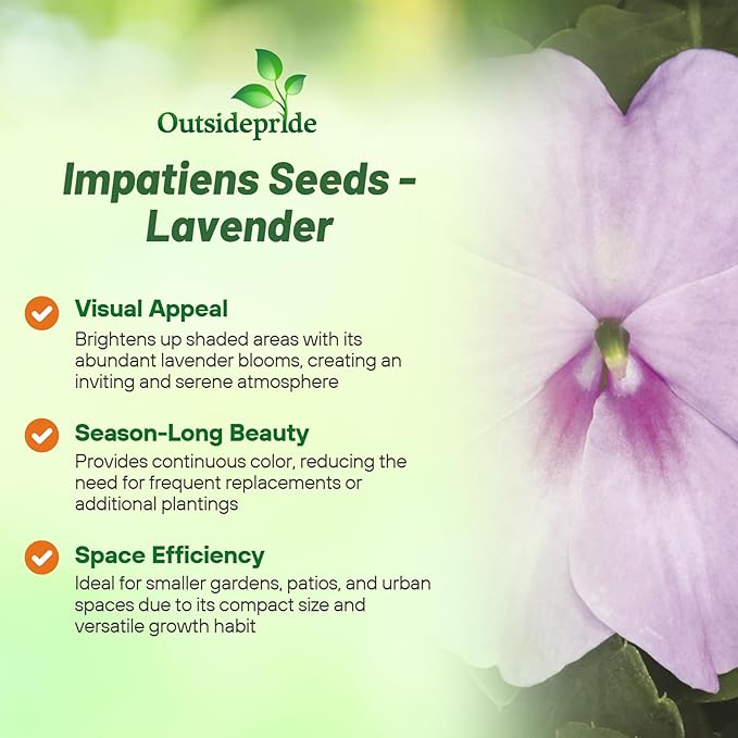 Outsidepride Extreme Lavender Impatiens Flower Seeds - 100 Pcs Annual, Compact & Pollinator Friendly, Impatiens Seeds for Planting w/Vibrant, Abundant Blooms for Shade Gardens & Container Displays