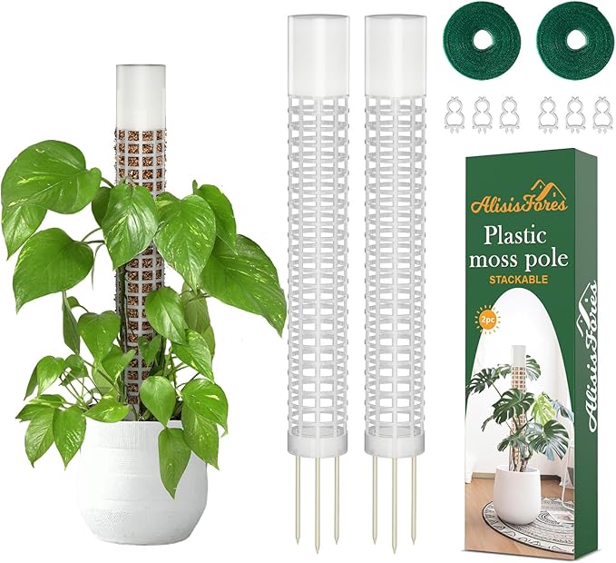 2 Pcs Plastic Moss Pole for Monstera, Large Cylindrical Shape Poles for Climbing Plants Work with Sphagnum Moss, 17.5 Inch linkable Plant Stake Set of 2, Garden Ties