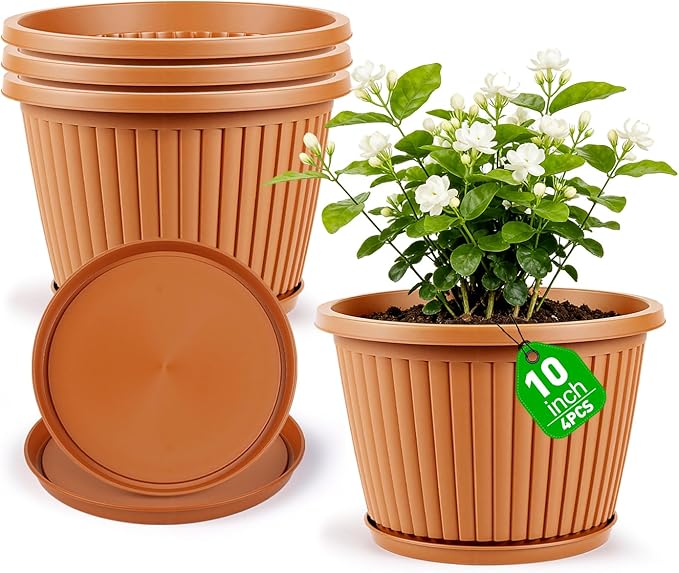 Planter-Pots-for-Plants-Indoor-Outdoor, 4 Pack 10 Inch Plastic Flower Pots with Saucer & Drainage Holes, Modern Garden Planters for Planting Medium Large Plants，Decorative Resin Garden Pots