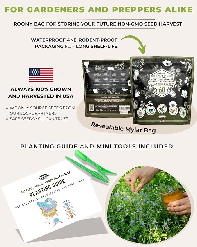 Tactiko Survival 60 Medicinal & Survival Seed Kit – Heirloom Non-GMO USA Grown Seeds for Vegetables, Herbs & Edible Flowers – Emergency Food Supply Vault - Mylar Storage - Tools - Planting Guide