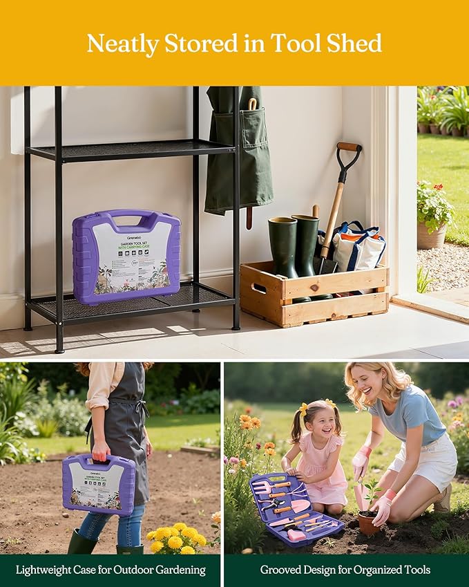12-Piece Womens Gardening Tools Gift Set, Rust-Proof & Heavy-Duty Garden Tools with Durable Carrying Case, Fashionable & Thoughtful Gardening Gifts for Women&Men (Purple-Pink)