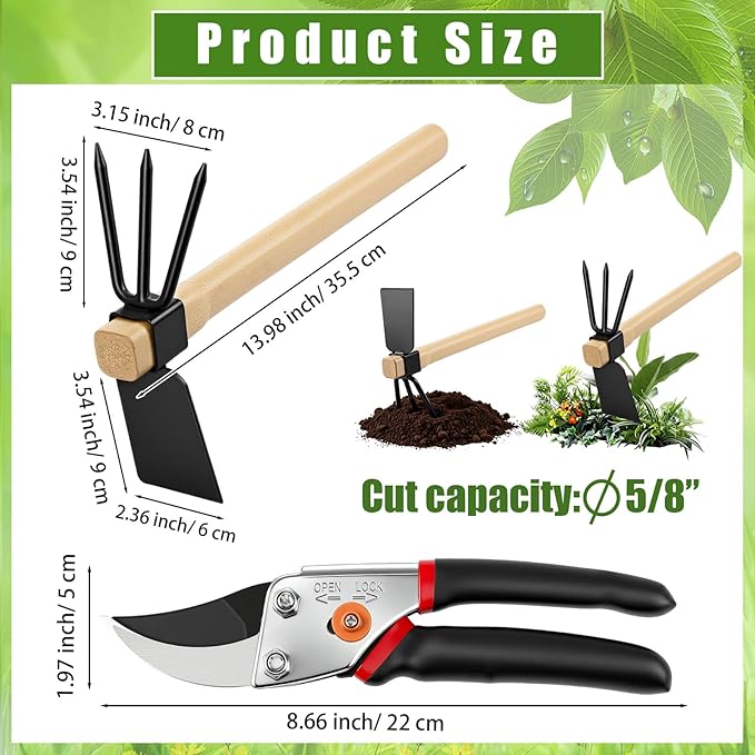 2 Pcs Garden Tool Set - Heavy Duty Pruning Shears & 2-in-1 Hoe Cultivator for Weeding, Digging & Trimming, 5/8-inch Cut Capacity Clippers Gardening Hand Tools for Home and Raised Bed