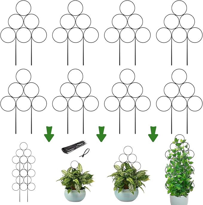Stackable Metal Trellis for Potted Plants, 8 Packs 15.7 Inch Small Garden Trellis for Climbing Plants Indoor, Pothos Plant Climber Support Indoor Plant Support Stakes, Black