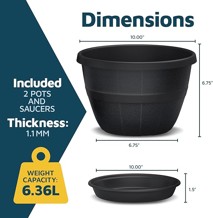 10-Inch Whiskey Barrel Planters Outdoor Pack of 2 - Durable Plastic Plant Pots for Indoor & Outdoor Use with Drainage & Saucer, Lightweight Rustic Barrel Planters for Flowers, Herbs & Small Plants