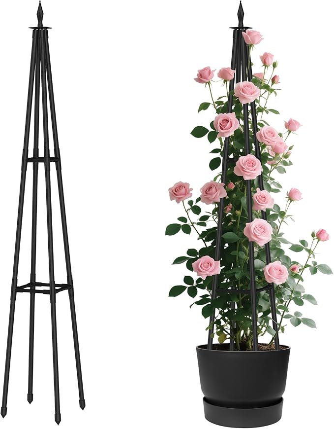 4 FT Obelisk Trellis for Climbing Plants,Garden Trellis with Extra Thickened Plastic-Coated Metal Pipes, Outdoor & Indoor Garden Support for Potted Plants, Black