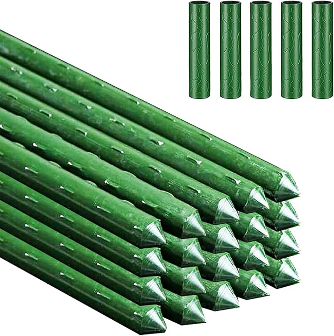 Garden Stakes, Sturdy Plant Support Sticks - 20PCS Plastic Coated Steel Core Stakes with 5PCS Connector for Climbing Plants, Beans & Shrubs (16.1 Inch Length)
