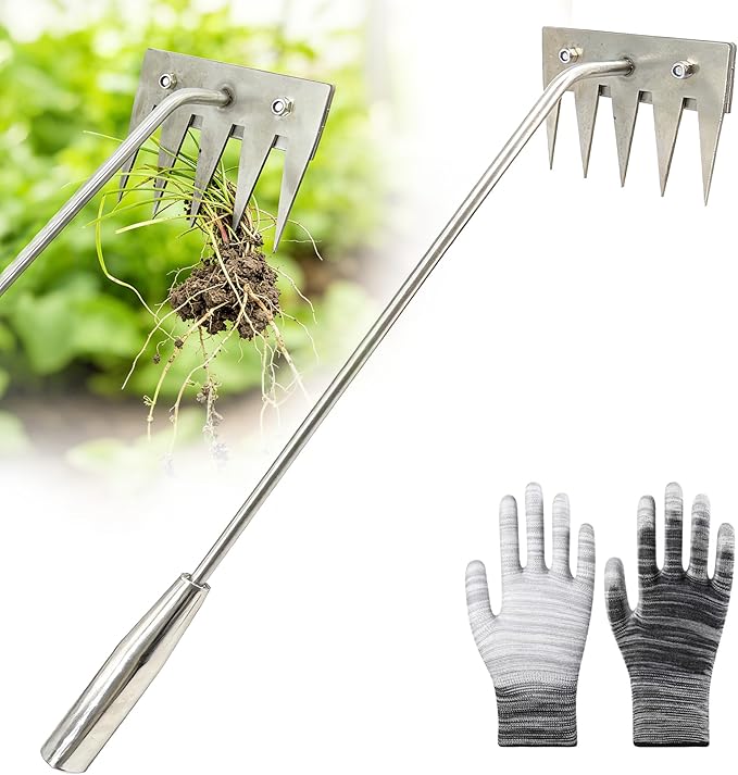 Weed Puller Tool, 2026 Portable Manual Weeding Tools Gardening, 5 Teeth Head Stainless Steel Hand Garden Weeding Rake, Weed Remover Tool for Gardening Backyard Yard Farm Planting Weeding