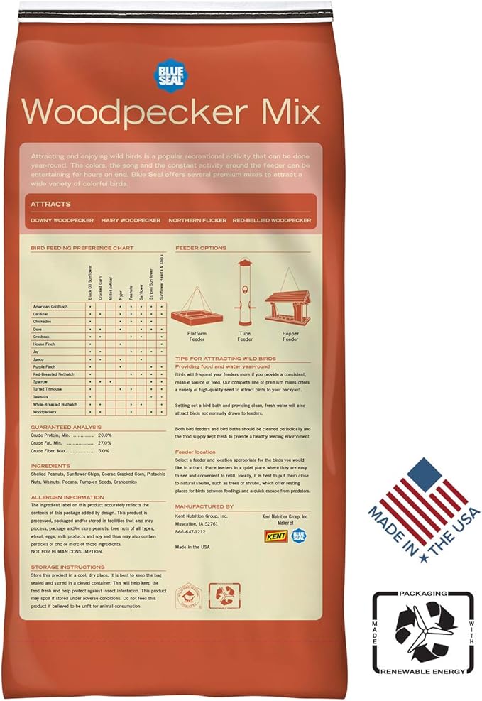Blue Seal Woodpecker Mix Wild Bird Seed | Premium Blend of Nuts, Sunflower Seeds, and Fruit | Attracts Wide Variety of Wild Outside Birds | Convenient Shell-Free Mix | Made in USA | 8 Pound Bag