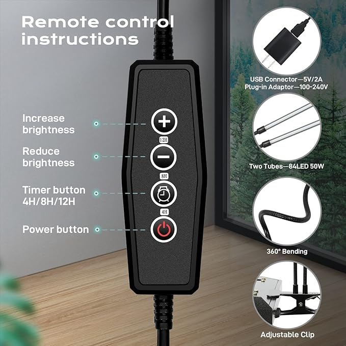 iPower LED Grow Light with Full Spectrum for Indoor Plants, Adjustable Gooseneck, 5 Dimmable Levels, 3 Auto Timing Modes, White
