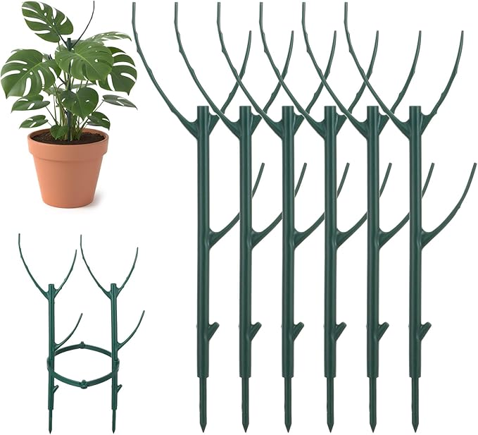6 Pack Stackable Plant Support Stakes, Plant Stem Support Sticks Structures Pole with Half Round Supporting Rings for Monstera Trellis Indoor Outdoor Garden Accessories