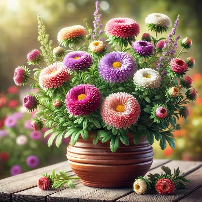 Aster Pompon Garden Mix Seeds – Callistephus Chinensis | Vibrant Double Blooms | Annual Cut Flower for Garden & Bouquets