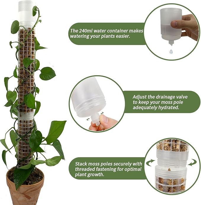 JEGU Self-Watering Moss Pole for Monstera Plant Support, 18.8 Inch Stackable Plastic Moss Pole for Climbing Plants. (2PACK-Lagre)