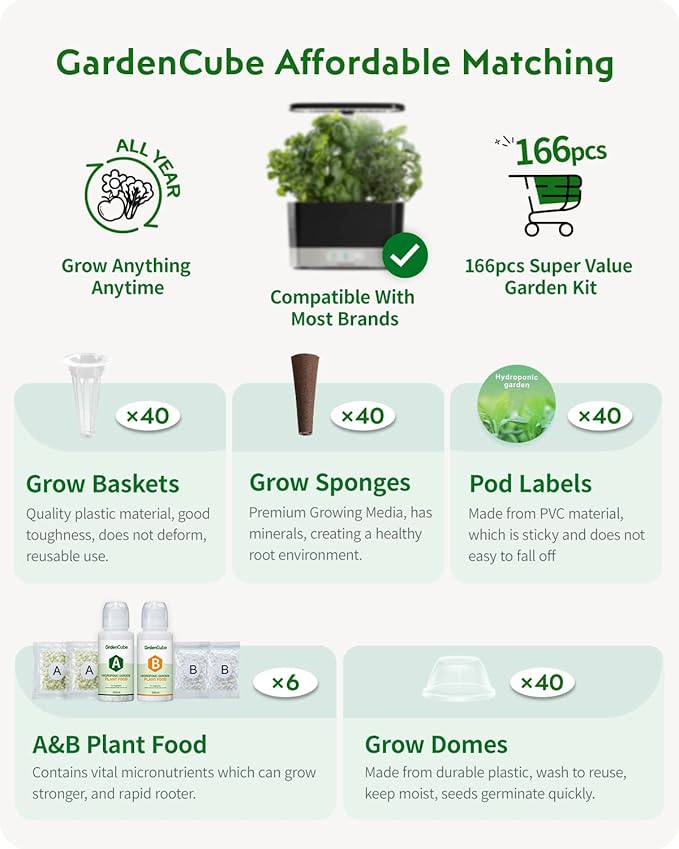 166pcs Hydroponic Pods Kit: Compatible with Aerogarden Grow Anything Herb Kits - Includes Grow Sponges Grow Baskets Grow Domes Labels A&B Plant Food - Hydroponics Supplies for Most Brand