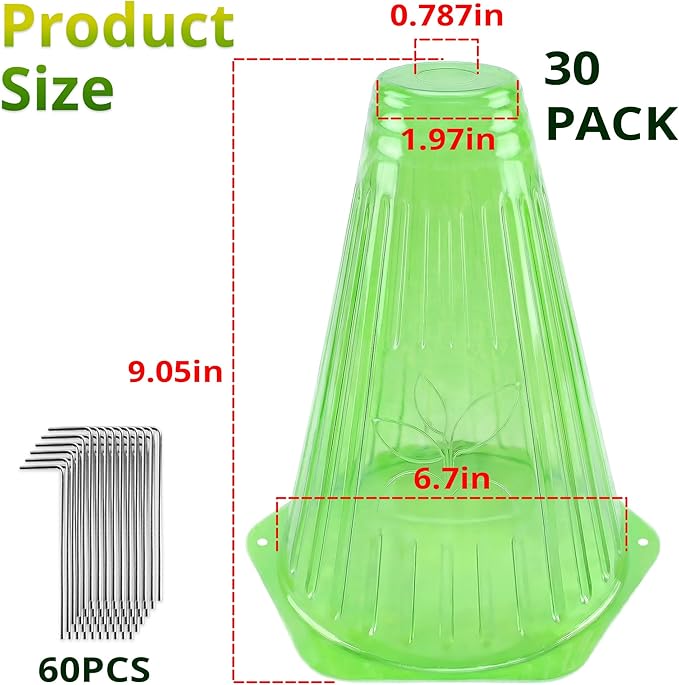 30 Pack Garden Cloches for Plants with 60 Stakes, 9.05" L x 7.8" Reusable Plant Bell Cover, Protection from Freezing Weather, Birds, and Snails for Garden