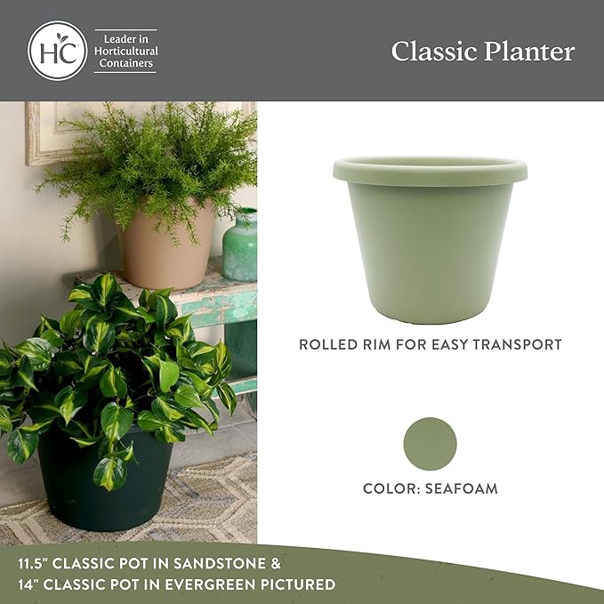 The HC Companies 14 Inch Classic Round Planter Pots with Drainage, Rolled Rim Plastic Planters for Indoor & Outdoor Plants, 2-Pack Decorative Flower Pots for Garden, Office & Home Decor, Seafoam