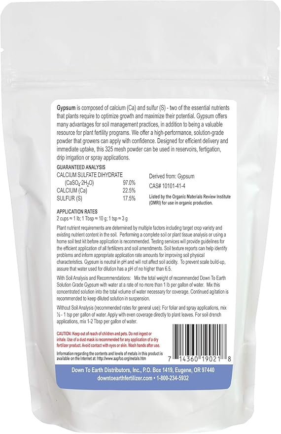 Down To Earth All Natural Fertilizers Organic Solution Grade Gypsum Calcium Sulfate - Professional Grade Gypsum Powder 325 mesh for Liquid, Drip or Spray Applications, 1 lb