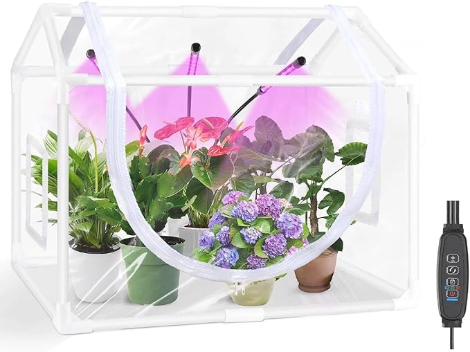 Tabletop Mini Greenhouse Indoor with Grow Light, Small Greenhouse Kit for Indoors, Tiny LED Plant Nursery with Timer & Zippered Door for Seed Starter, 25.6" L x 15.8" W x 20" H