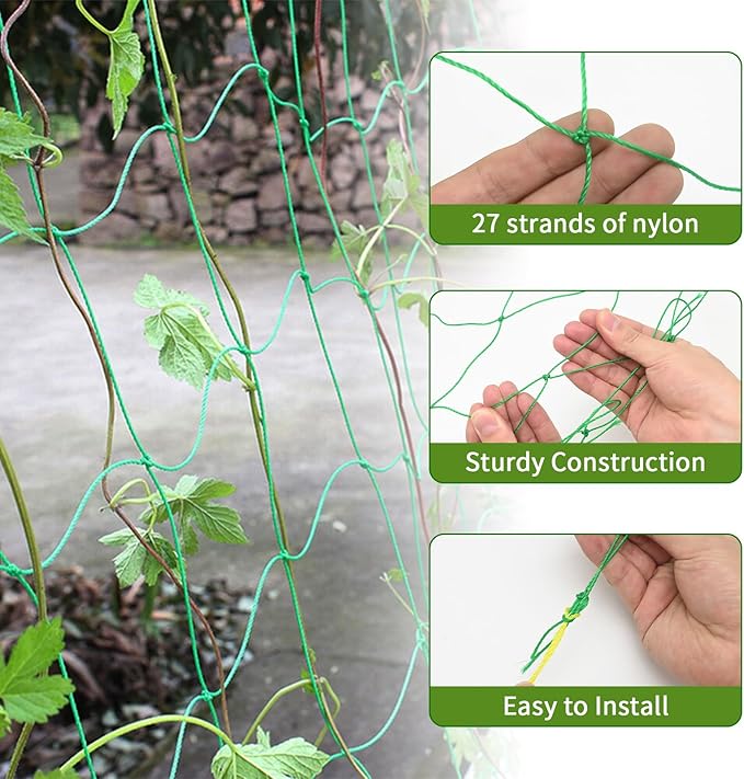 Heavy-Duty 27 Strands Nylon Trellis Netting, 16.5x6.6Ft Climbing Plant Support, 4x4 Inch Mesh for Vines Tomatoes, Cucumbers, Peas, and Beans
