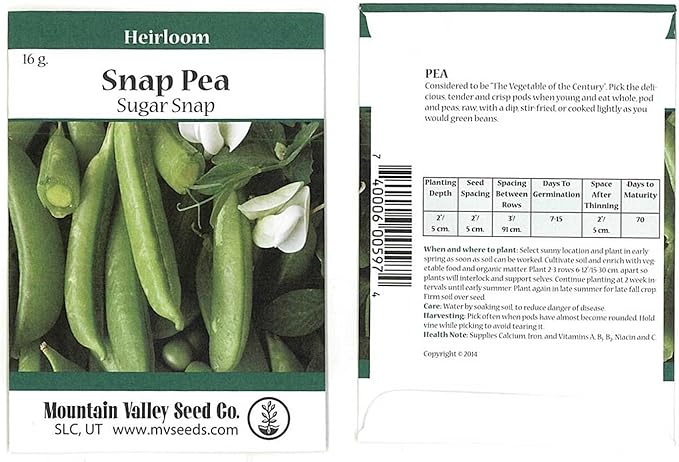 Sugar Snap Pea Garden Seeds - Non-GMO, Heirloom Vegetable Gardening Seed (16 Gram Packet)