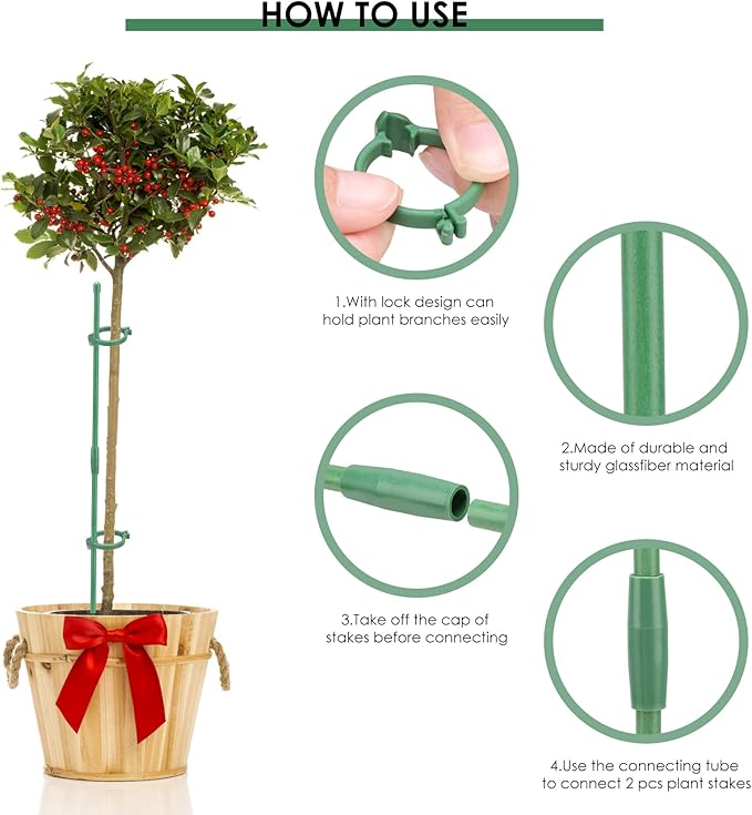 24 Pcs Plant Stakes Kit, 12 Inch Bendable Single Stem Support Stakes with Orchid Clips Connect Rings, Stackable Garden Plant Stick Planter Support Sticks for Potted Plants Flowers Orchid Rose Peony