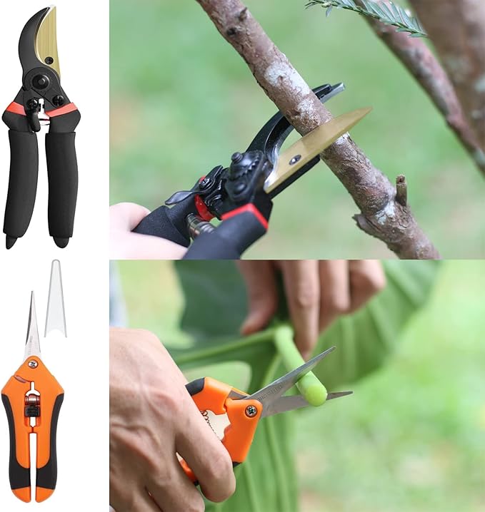 Hand Pruner， Pruning Shear，Garden clippers, snip scissors, ratchet pruning shears, work 3 times easier, gardening tools, sharp garden scissors, arthritis weak hand snips (Orange black)