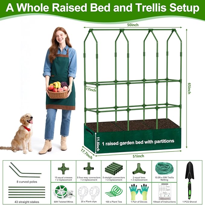 A-Frame Cucumber Trellis - 65 in (H) X 50 in (L) Supports Climbing Plants with Rectangle Raised Bed, Durable Garden Trellis for Outdoor Supporting Cucumbers Peas Vines, Includes Clips & Netting