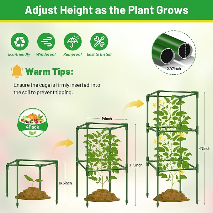 Legigo 4 Pack Tomato Cages with 17 Gallon Grow Bags- 47 Inch Square Tomato Cages for Garden, Heavy-Duty Tomato Stakes Plant Support Cages Trellis for Garden Vertical Climbing Plants Vegetables