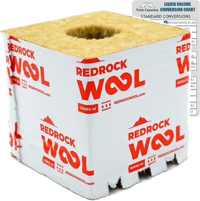 Redrock 4 inch Rockwool Cubes – 4" x 4" Stone Wool Starter Blocks with 42/40 Hole | 6-Pack | for Hydroponics & Indoor Growing | Includes Twin Canaries Chart