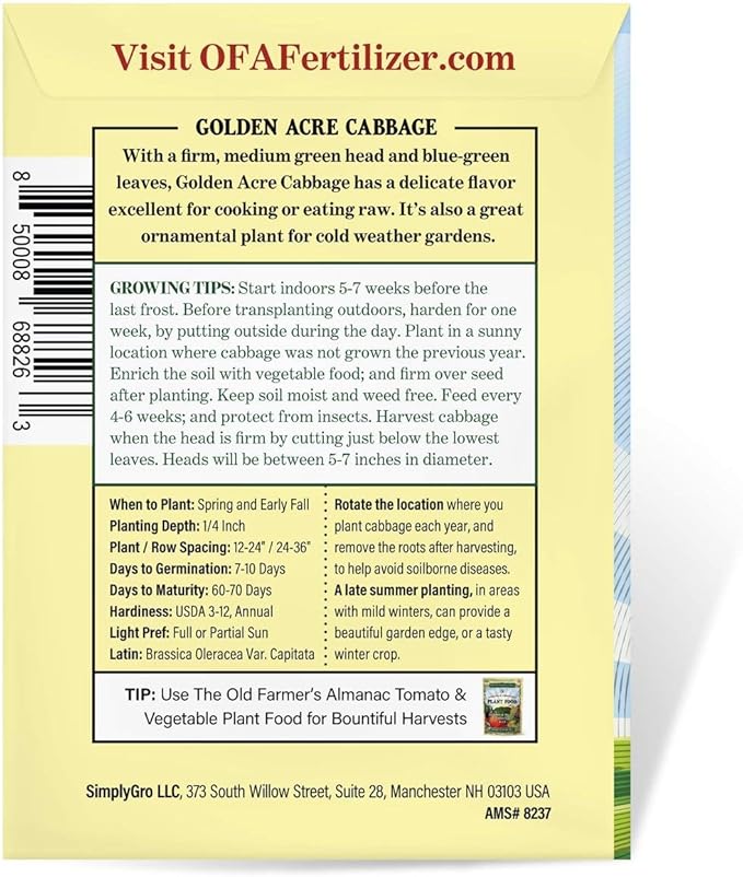 The Old Farmer's Almanac Heirloom Cabbage Seeds (Golden Acre) - Approx 900 Seeds - Non-GMO, Open Pollinated, USA Origin