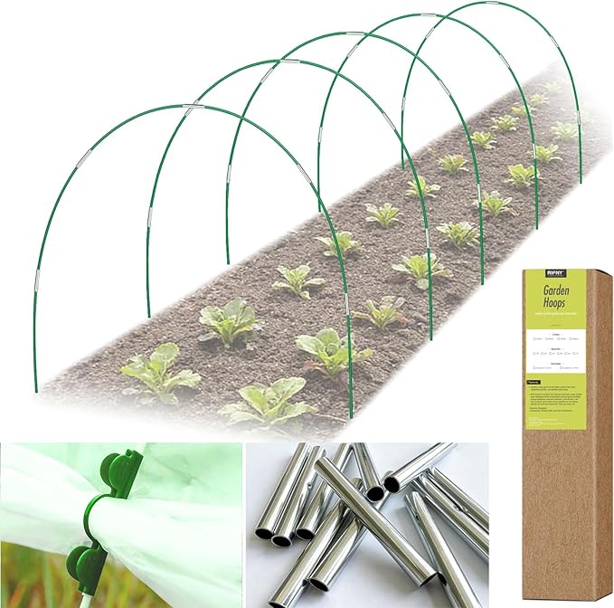 RIFNY 30 PCS Garden Hoops for Raised Beds, Greenhouse Hoops Kit Long Grow Tunnel for Row Cover, Rust-Free Fiberglass Garden Support Poles for Insect Mesh Netting Freeze Plant Cover (Green)