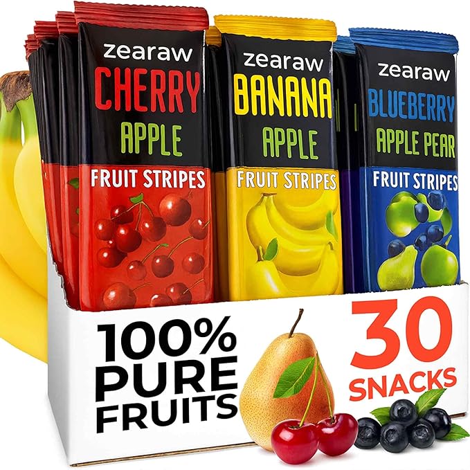 ZEARAW Healthy Fruit Snacks for Adults and Kids – 30 Fruit Leather with Dried Cherry, Blueberry, Banana – Vegan Low-Carb Variety Pack Strips for Kids – Sugar Free Bars