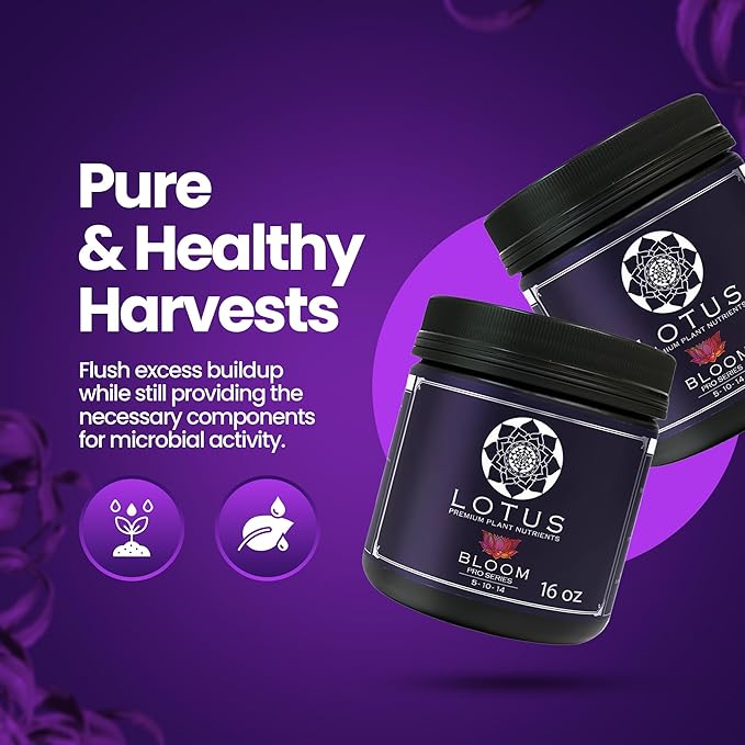 Lotus Nutrients Bloom Pro Series, Water Soluble Hydroponic Plant Food for Flowering and Fruiting, 14+ Ingredient Powder with 100% Chelated Micronutrients and Amino Acids, Coco Coir, Hydro, Soil (16oz)