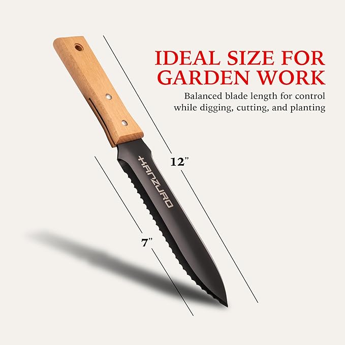Hori Hori Garden Knife - Japanese Style Weeding & Digging Knife with Stainless Steel Blade, Depth Markings, Wooden Handle & Protective Sheath - Black