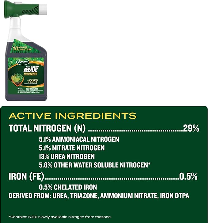 Scotts Liquid Green Max Lawn Food, Lawn Fertilizer and Iron Supplement, for Any Grass Type, 29-0-0, 32 fl. oz.