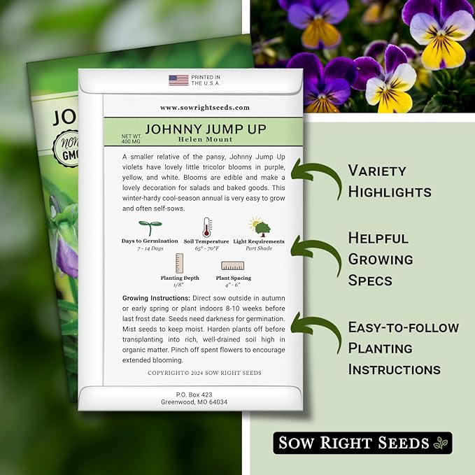 Sow Right Seeds - Violet, Johnny Jump-Up Flower Seed for Planting - Beautiful Flowers to Plant in Your Garden - Non-GMO Heirloom Seeds - Perfect for Spring Containers - Attract Pollinators (3)
